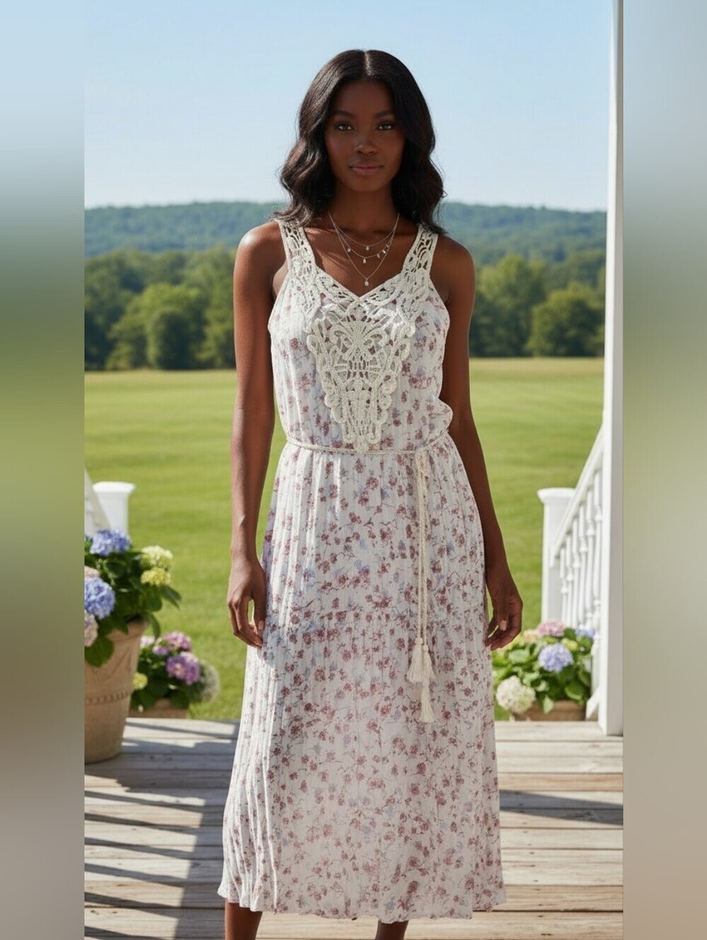 Rare Editions White Pink Floral Maxi Dress Crochet Lace Bodice Sundress Sz 16